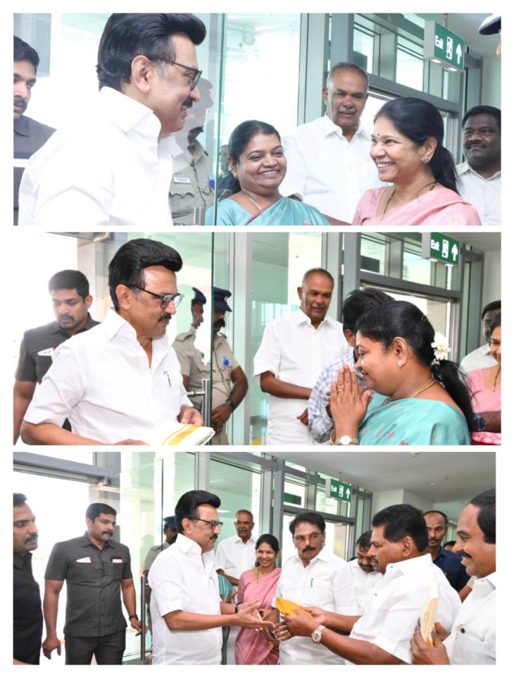 திருநெல்வேலி நோக்கி பயணம் – தூத்துக்குடி வாகைகுளம் விமான நிலையத்தில் முதல்வர் ஸ்டாலினுக்கு வரவேற்பு மழை!!